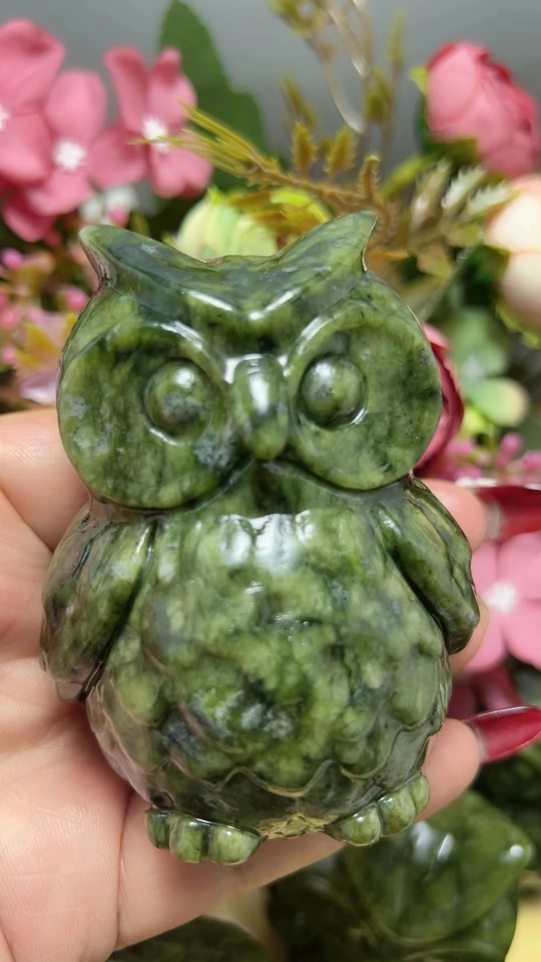 Natural Stone Serpentine Owl Handmade Carved Animal Crystal Craft Home Decoration Ornament 10cm 1pcs