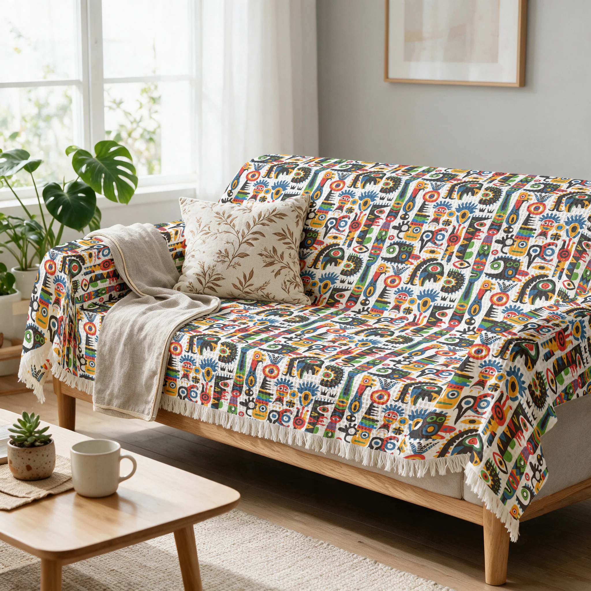 Decorative Patterned Boho Sofa Throw Blanket Cushion Couch Cover Living Room Accent Dust Protector Multi Seasonal Decor