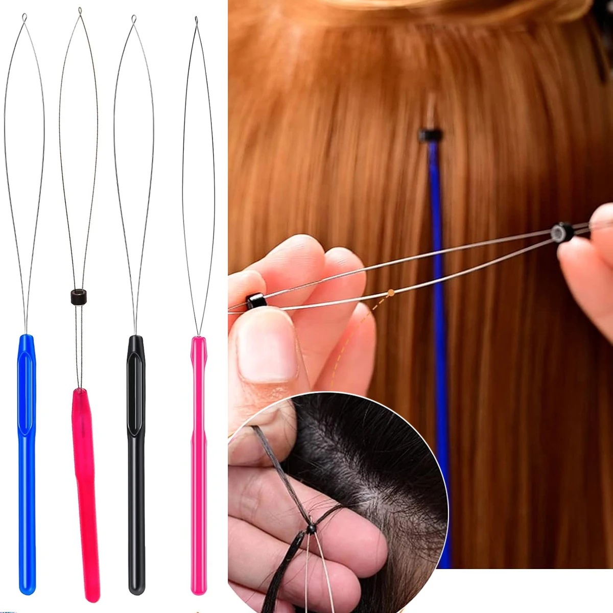 

5Pcs Random Color Hair Extension Plastic Loop Needles Pulling Hook Tool Needle Threader Loop Tool for Silicone Microlink Beads