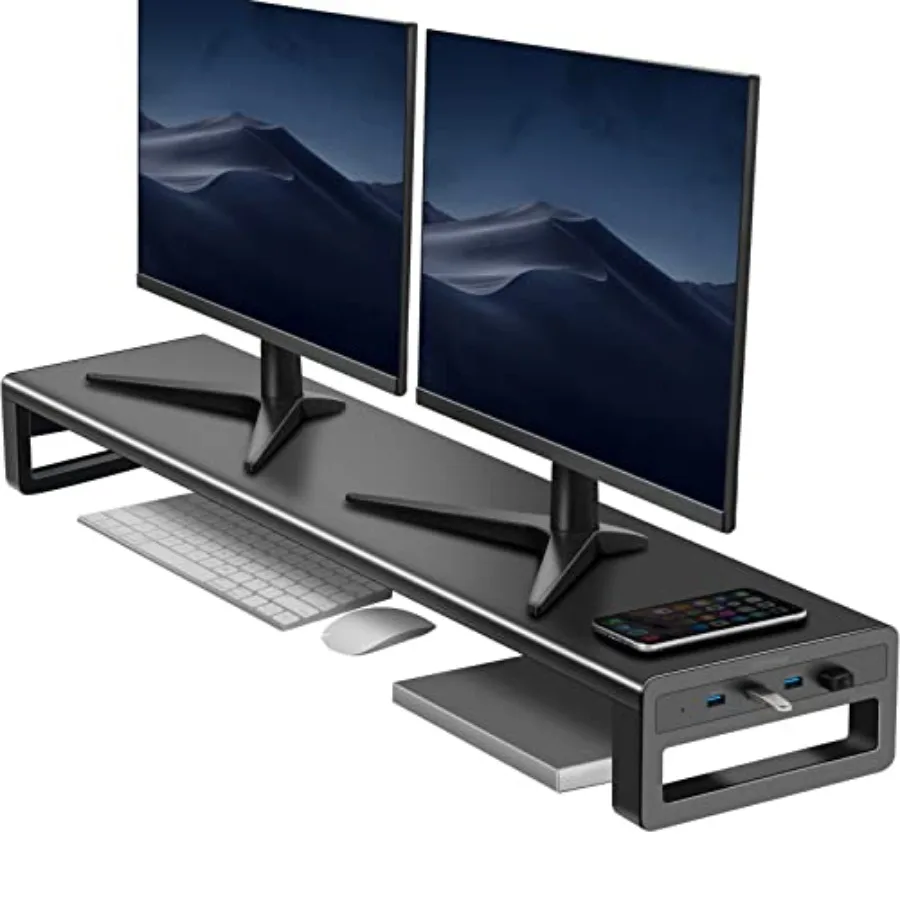 

Dual Monitor Stand Computer Riser with USB 3.0 Hub Ports Double Metal Stand for 2 Monitors Black Multi-Device Support and Cable