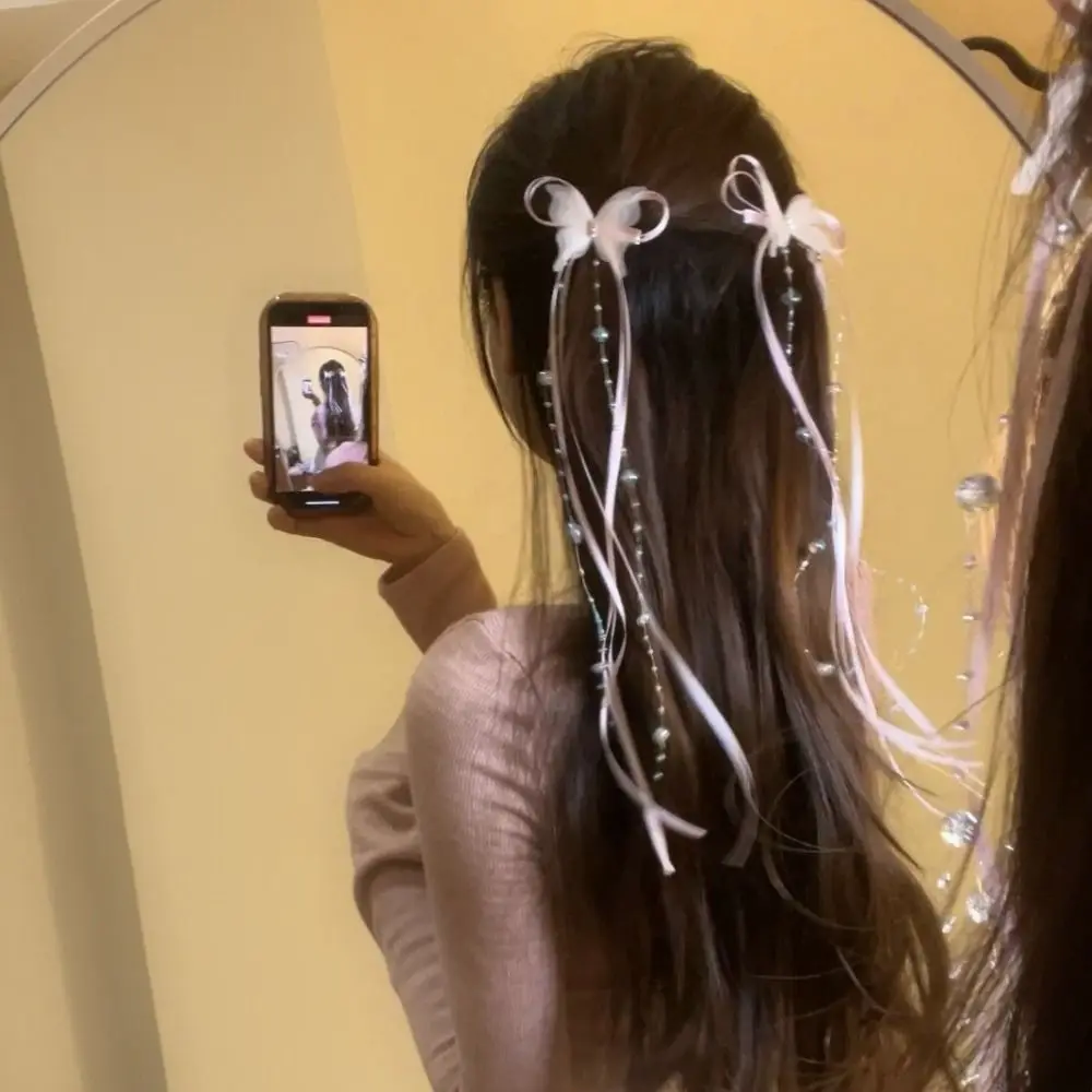 1 pieza de pinzas para el cabello de mariposa con lazo, cuentas de cristal, estilo Y2K, horquillas largas con borlas, tocado de cola de caballo con diamantes de imitación para mujer