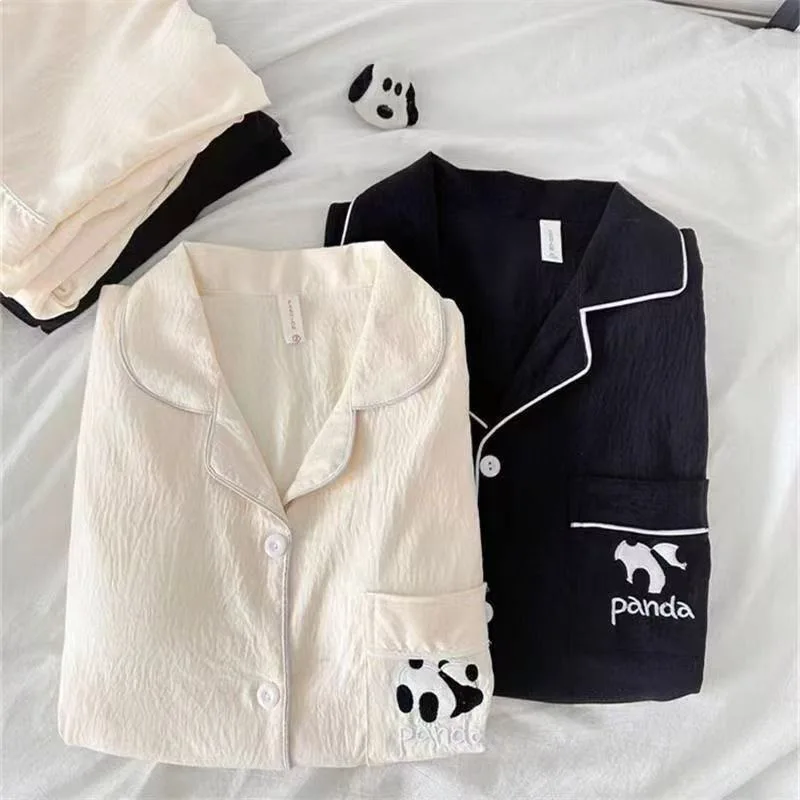 

Sweet Home Cloud Cotton Panda Embroidery Couples Sleepwear Cardigan Style Comfortable Spring Summer Home Clothes Set