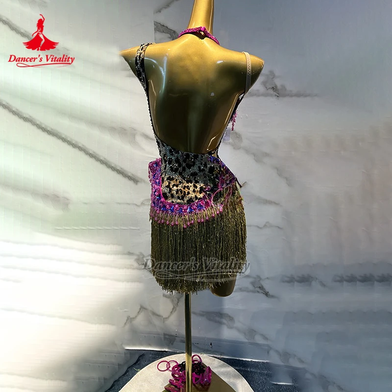 Leopard Print Chacha Sleeveless Backless Tassels Dress with Necklace Adult Latin Dance Perform Clothing Custom Dancer's Vitality