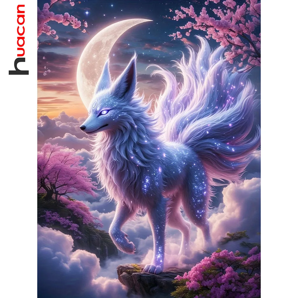 Huacan 5D-Diamantgemälde zum Selbermachen, Mond, neunschwänziger Fuchs, Diamantmosaik, Tier, vollständige dekorative Gemälde