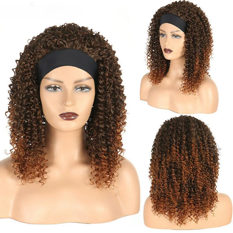 Curly Headband Wig For Women Ombre Brown Curly Wigs Synthetic