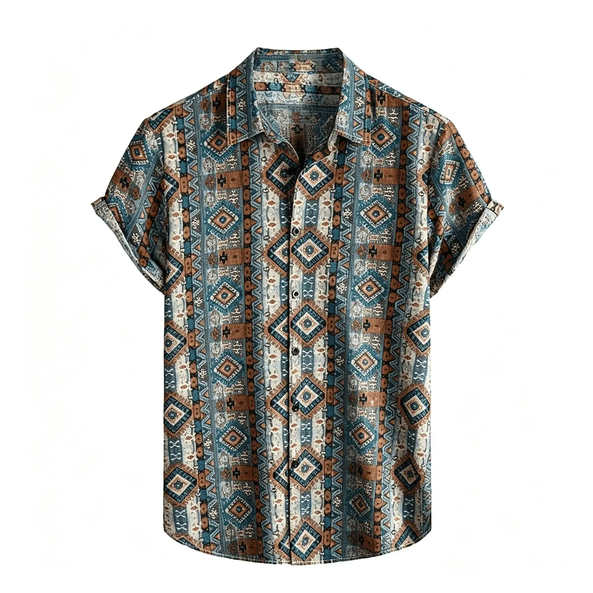 Men's Ethnic Geometric Print Casual Shirt, Bohemian Style for Spring and Summer, Beach Vacation Casual Wear