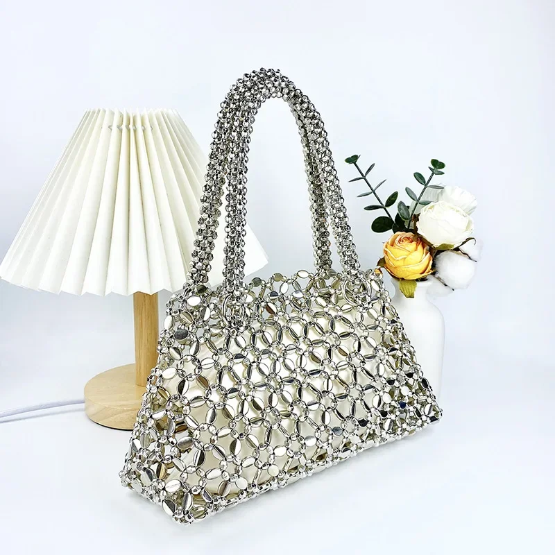 Rock Gold Silver Hand Woven Acrylic Beads Handbag Metal Shiny Evening Bag Handmade Beaded Retro Wedding Party Tote Bag 2024 New