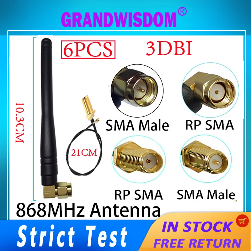 

GRANDWISDOM 6 шт. 868 МГц антенна 3dbi sma штекер 915 МГц модуль lora антенна lorawan ipex 1 SMA Гнездовой удлинитель