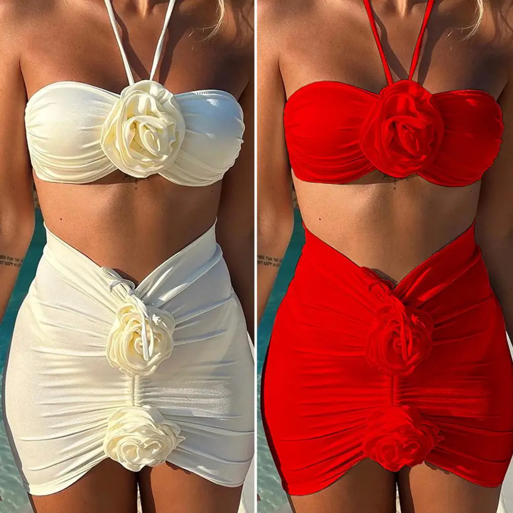 3 teile/satz Frauen Sommer Bikini Set 3d Rose Blume Dekor Neck holder Bandeau Plissee BH Badehose Überrock Set Badeanzug Ely 영영세트