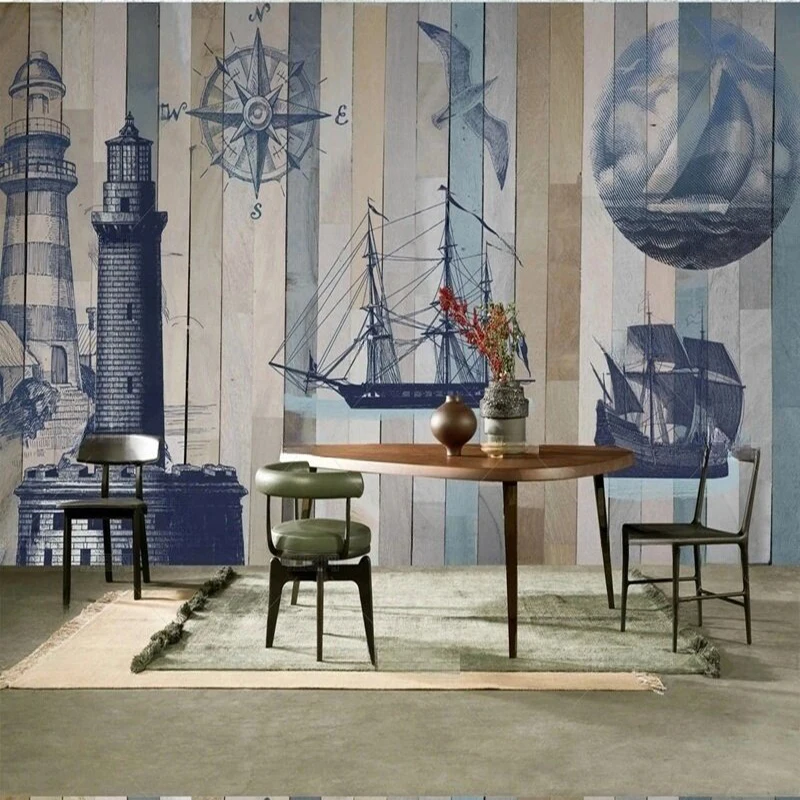 Custom Vintage European Style Cartoon Abstract Ship Pattern Mural Wallpaper for Background Wall Decoration for washable kitchen