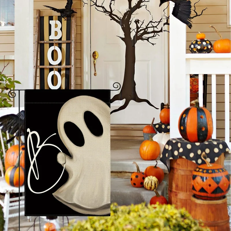 ハロウィーンをテーマにした両面プリントのリネンの庭の旗、休日の装飾、ウェルカムフラグ、入り口