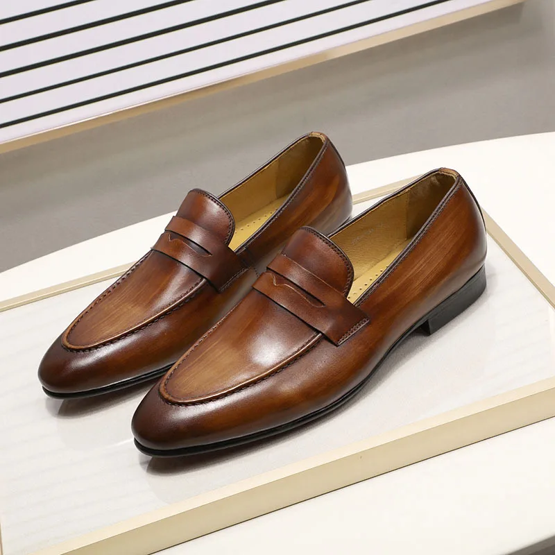 Round Head Leather Male Loafers Cover Heel Men Casual Shoes Fall Soft Sole Flats Fashion Slip on Dress Shoes