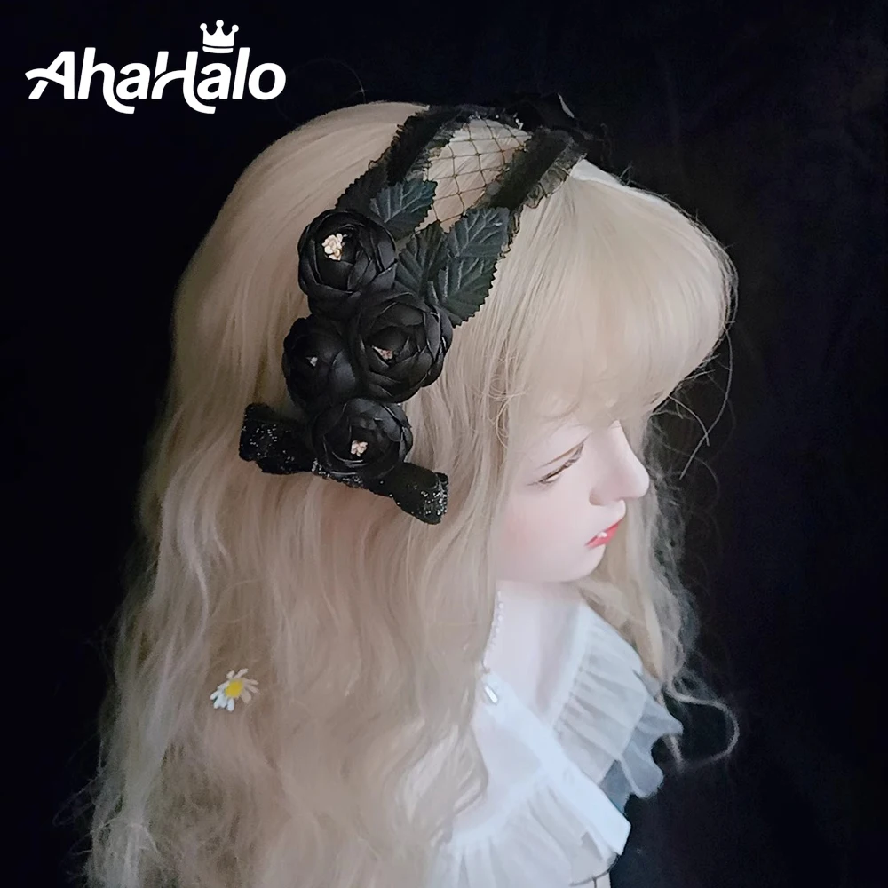 

Black Flower Crown Headband Gothic Floral Headpiece with Butterfly Lace Bow Women Halloween Party Dark Fairy Hair Accessories