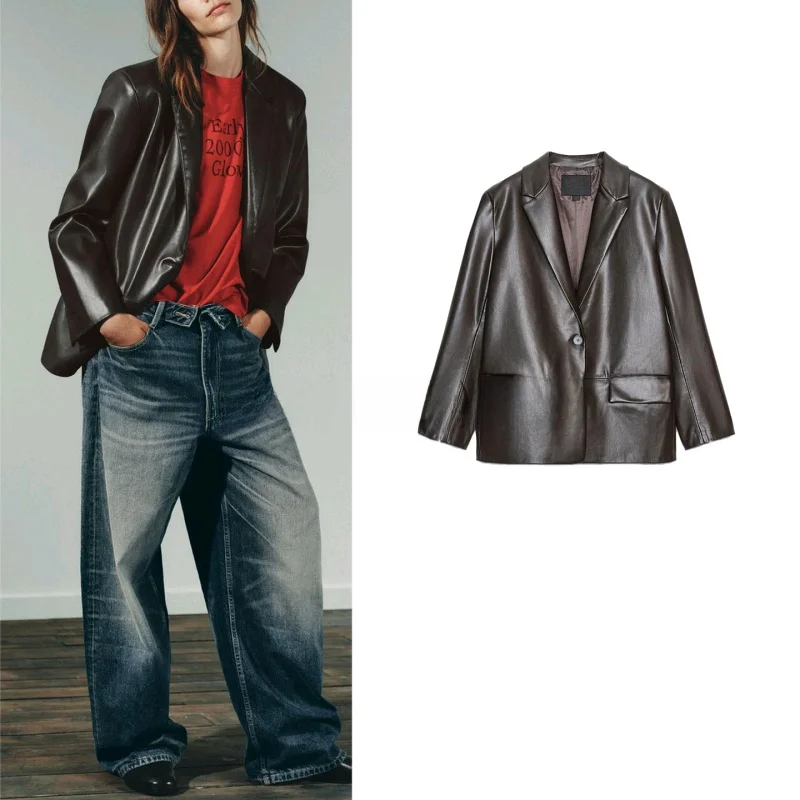 

Fall New Women's Long Sve Straight Leg PU Leather Effect Suit Jaet Flip Collar Faionable Casual Sle Women's Coat