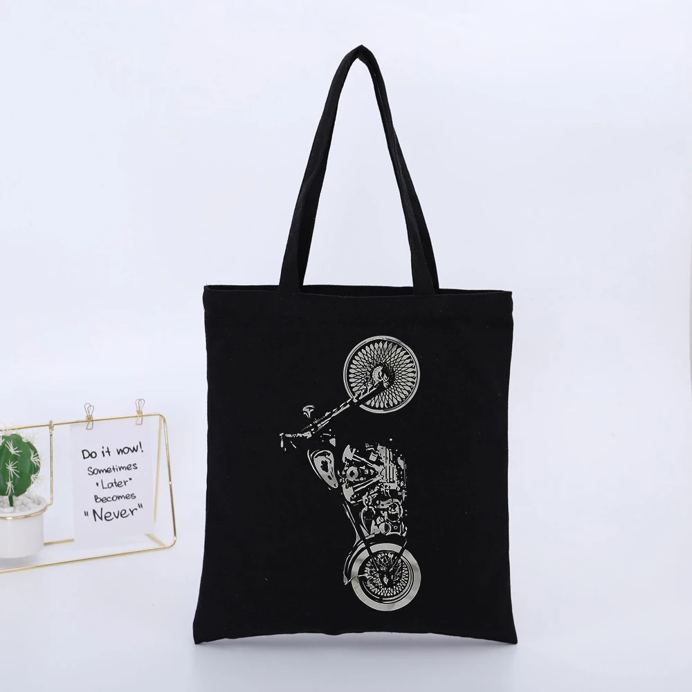 Motorcycle Graphic Canvas Tote Bag, Urban Style for Daily Shopping and Casual Outings
