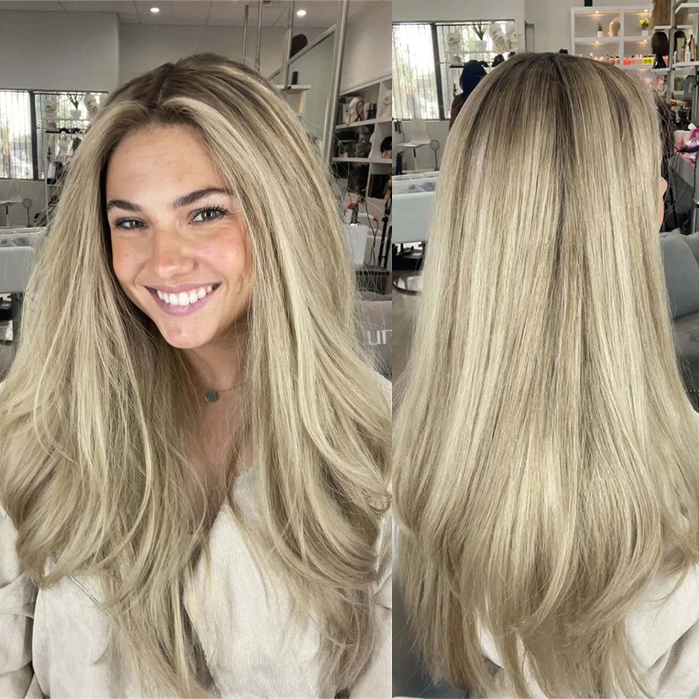 

Бесшовный парик без клея, маленький и большой размер, балаяж, светло-пепельные пряди, парик с кружевной передней частью 13x4, модный, мягкий, с небрежными волнами, синтетический, женский парик