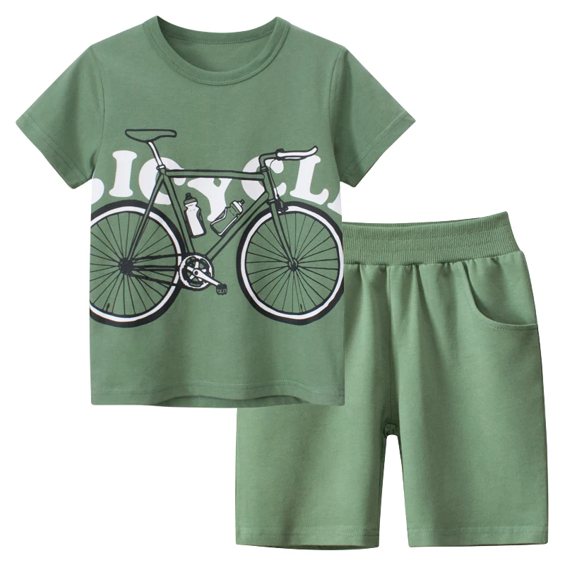 2024 Summer New Boys Sets Casual Bike Print Short Sleeve Cotton Tops + Sport Shorts Children\'s Clothing Beach Kids Outfit