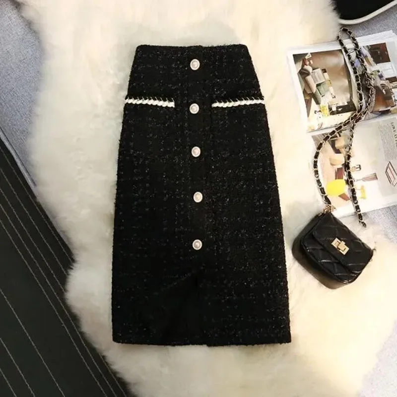 Autumn And Winter New Small Fragrance Bright Silk Skirt Women's High Waist Woolen A-Bag Hip Skirt Tweed Split Mid-Length Skirt