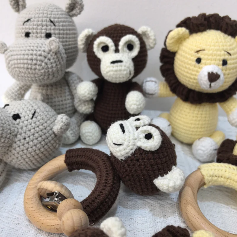 Crochet Hippo Monkey Baby Teether kawaii Kintted Stuffed Animal Toy Beech Wood Newborn Teether Ring Pacifier Clip Baby Amigurumi