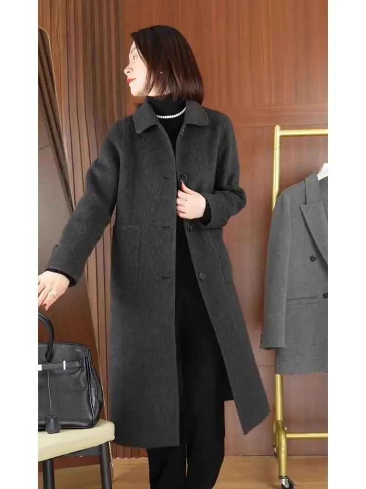 

Шерстяные пальто средней длины, женские шерстяные осенне-зимние черные верхняя одежда, топ большого размера, осенний смешанный топ с аппликацией, шикарный мягкий стиль Ulzzang