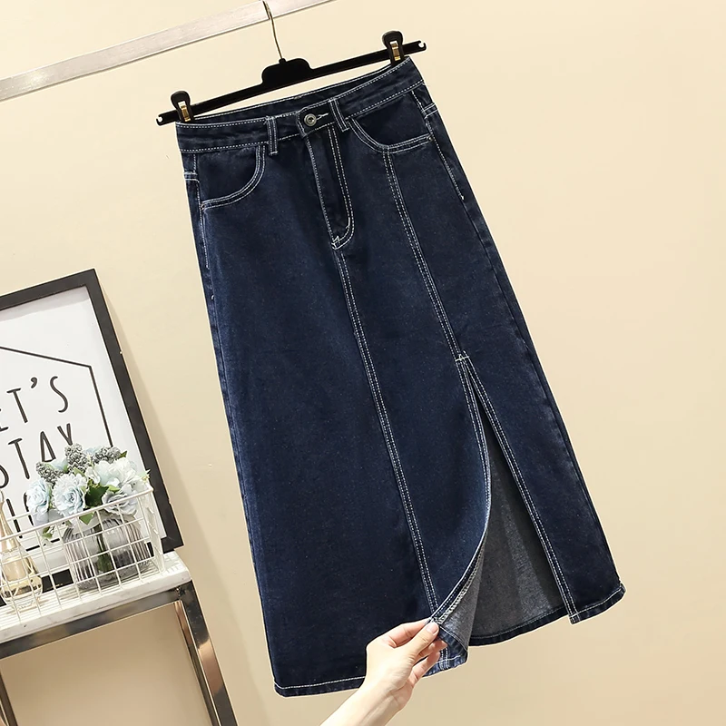 High Waist A-Line Midi Skirt Denim Versatile Split Slimming Summer New Style Korean Version Commute Pure Color Cotton Blend