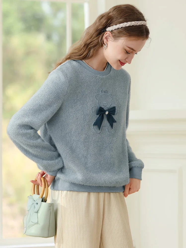 I BELIEVE YOU Autumn Winter Sweater for Women 2023 New Loose Blue Velvet Soft Bear Bow Lazy Hoodie Casual Knitted Top 2234195434