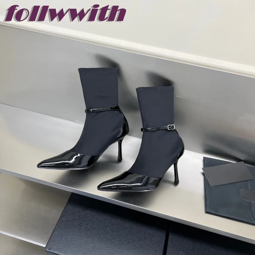 

Black Haute Couture Ladies New Boots Pointed Toe High Mid Tube Elastic Stiletto Heel Fashion Patent Leather Stitching Shoes