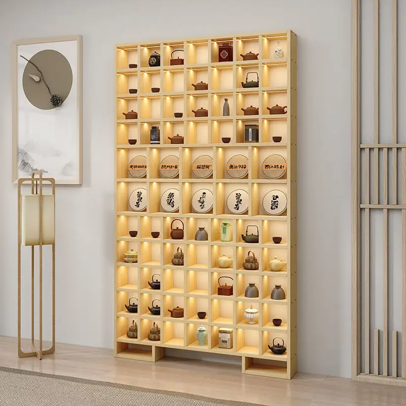 Custom. Solid Wood Customized Brick Tea Cabinet Teapot Display Antique Shelf Storage Rack New Style Lattice Frame Floor