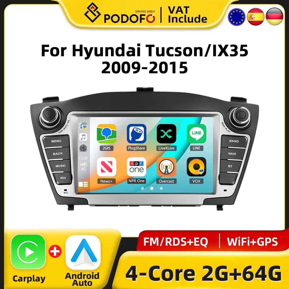 Podofo 7-Zoll-CarPlay-Android-Autoradio für Hyundai Tucson ix35 2009-2015, Auto-Multimedia-Player, 2-DIN-GPS-Stereo-Empfänger, intelligentes Autosystem, RDS-Autoradio, Armaturenbrett-Haupteinheit