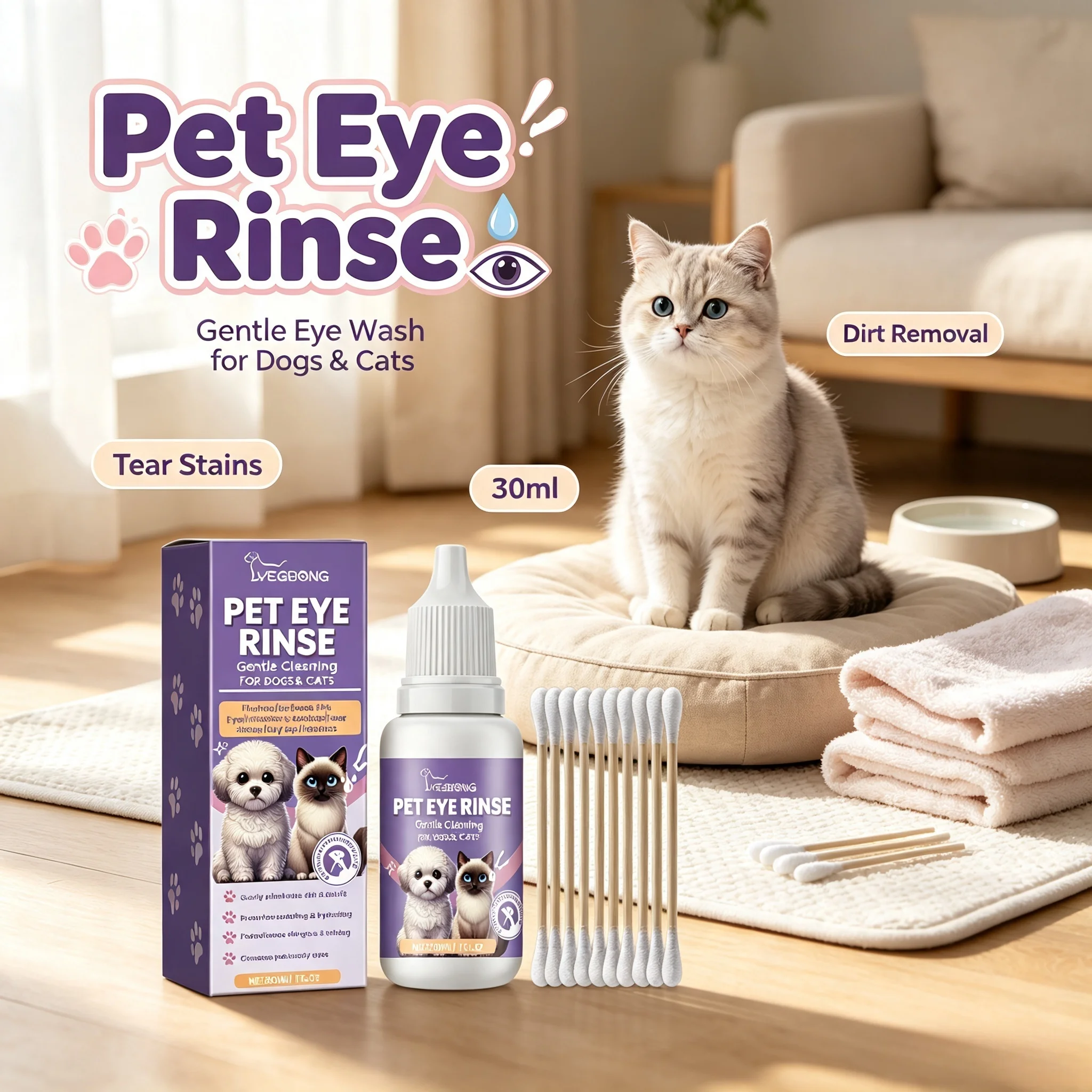 Pet Eye Wash Remove Tear Stains Soothing Cleansing Eliminate Dirt Moisturizing Support Ocular Wellness Mild Dog Cat Eye Cleaner