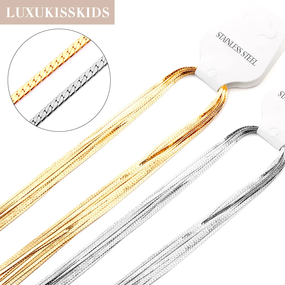 LUXUKISSKIDS 1.7mm Width Flat Chains 2022 New Chains Design 18K Gold Plated Flat Chains For Women Wholesale 5pcs As A Bag