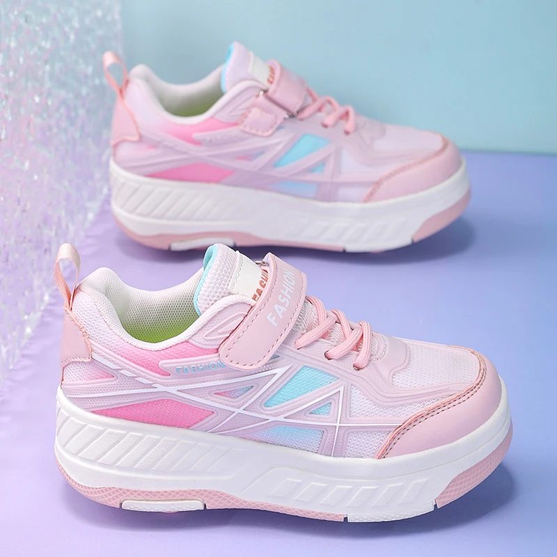 

Children Roller Skates Removable Four Wheels Firm Comfortable Mesh Fashionable Versatile Parkour Outdoor Walking Board Shoes