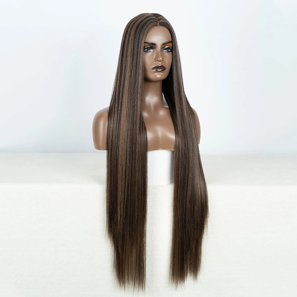 Synthetic Lace Front Wigs Long Straight Lace WIg 38Inch Highlight Brown Blonde Black Wig For Women  Synthetic Heat Resistant Wig
