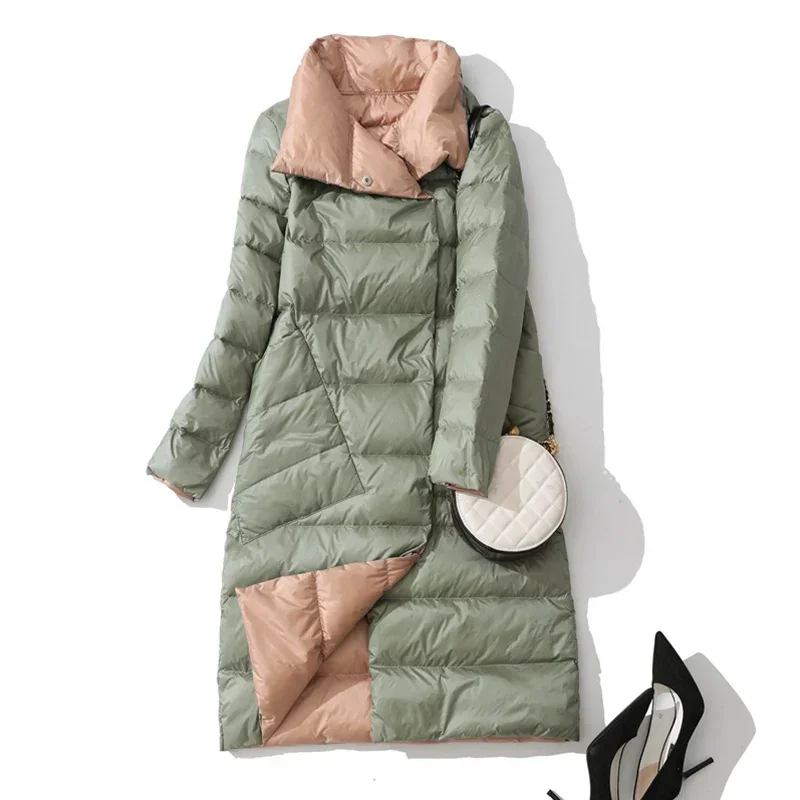Fitaylor Women Double Sided Down Long Jacket White Duck Down Coat Winter Double Breasted Warm Parkas Snow Outwear