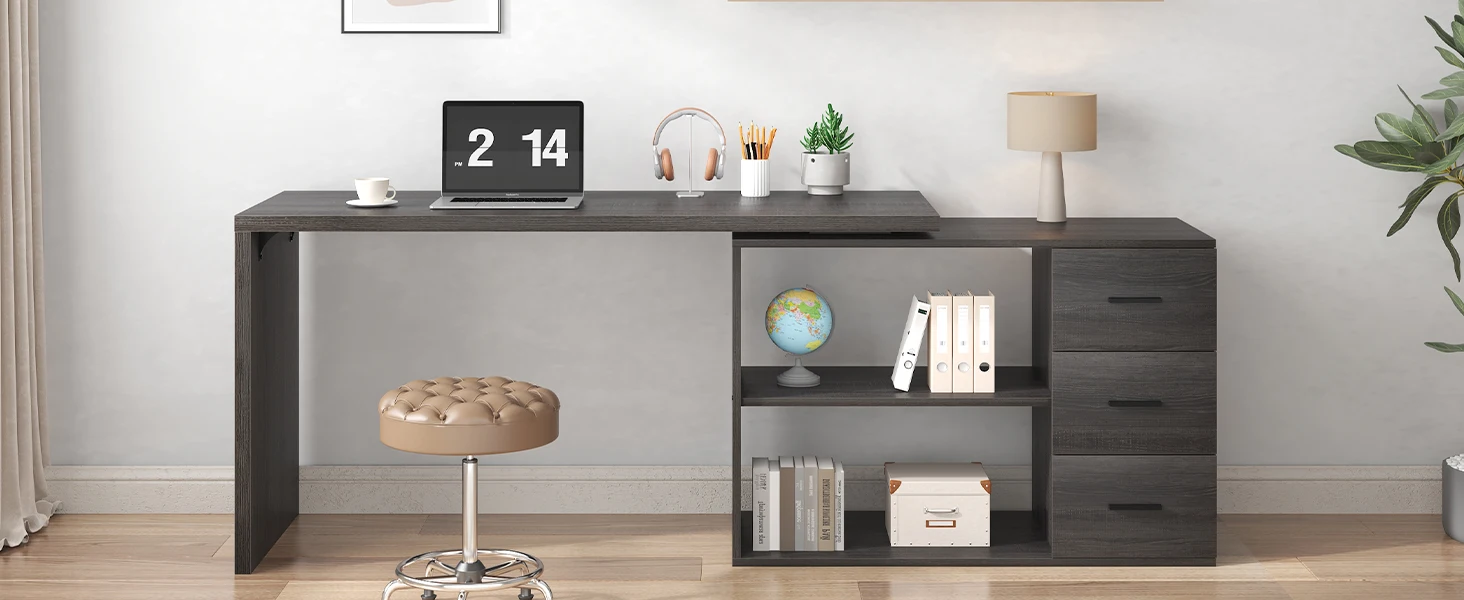HSH L Shaped Computer Desk with Drawers, L Shaped Desk with Storage Cabinet Shelves