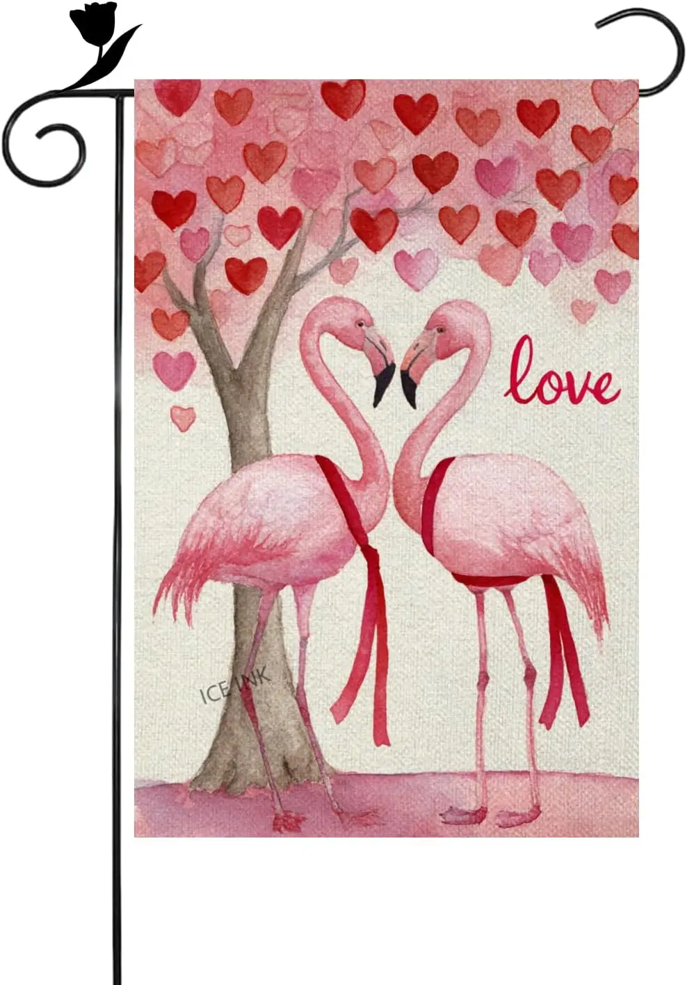 Ice ink Happy Valentine Flamingo Red Love Tree Kissing 12x18 Inch Double Sided Linen Small Yard Flag House Flags for Outdoor uui