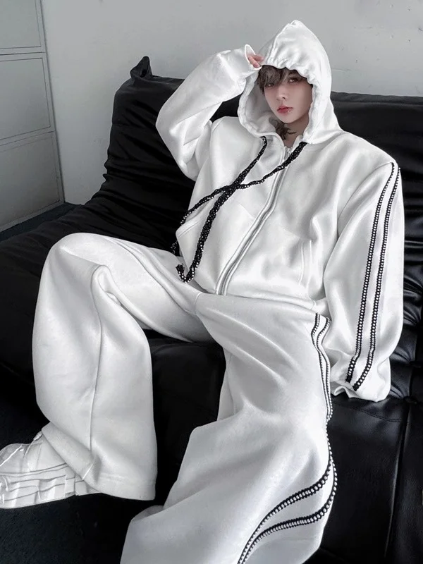 

Комплект мужской толстовки и брюк TANGZ STUDIO с декоративными ткаными ремнями, широкими штанинами, дизайном с подплечниками, длинными рукавами, осенняя мода