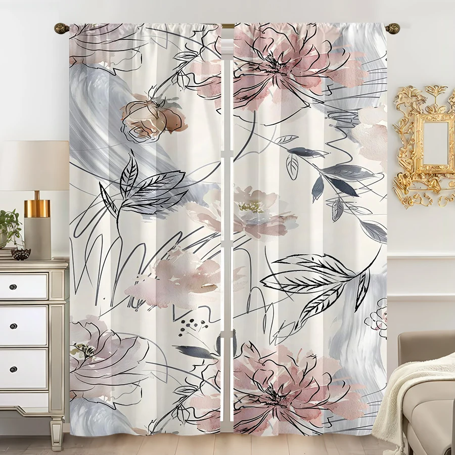 2PCS Multicolor Pink Grey Watercolor Floral Pattern Curtains Rod Pocket Design For Bedroom And Living Room