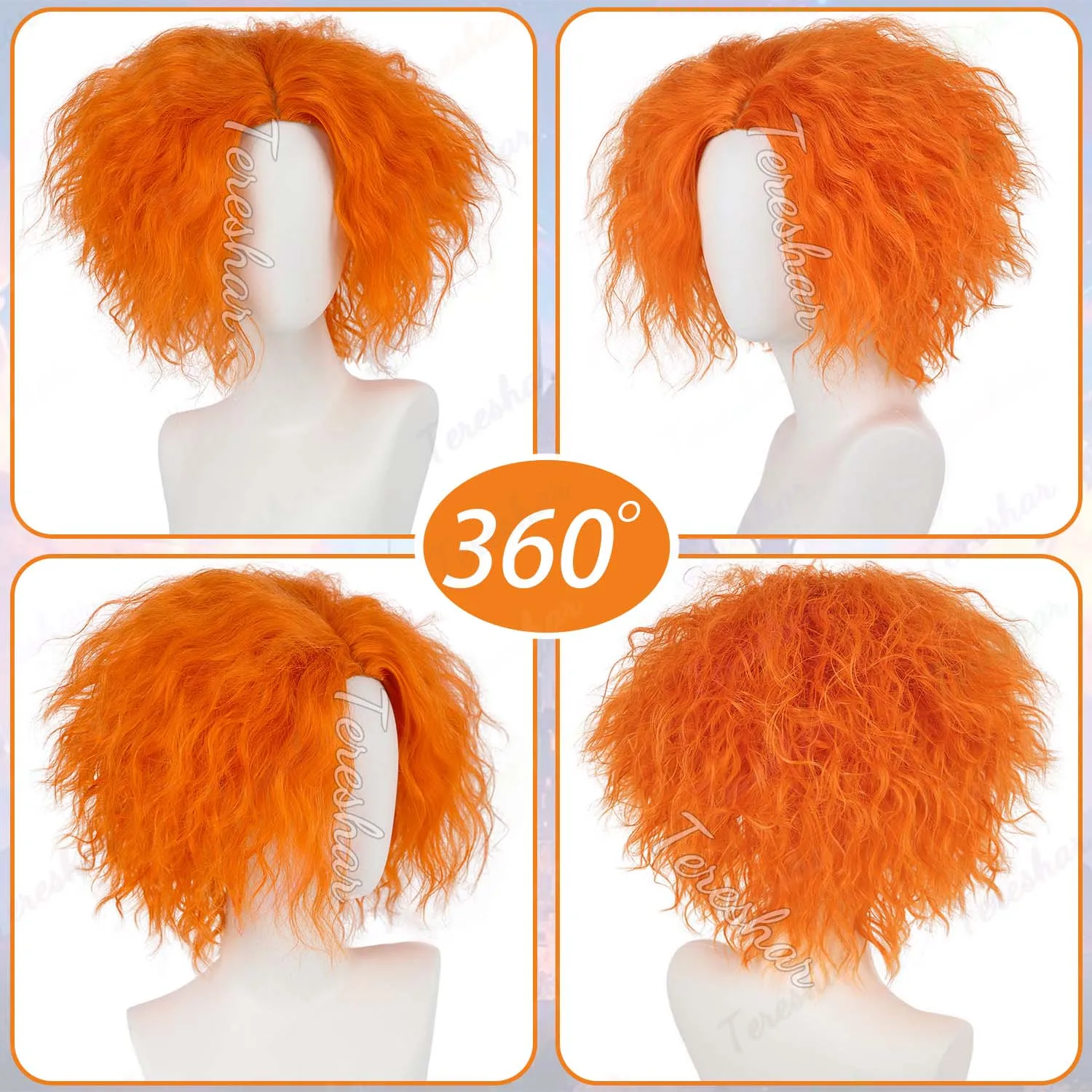 Synthetic Short Orange Curly Wig for Men Women Unisex Messy Curly Cosplay Halloween Anime Funny Wigs, Mad Hatter Costume Wig