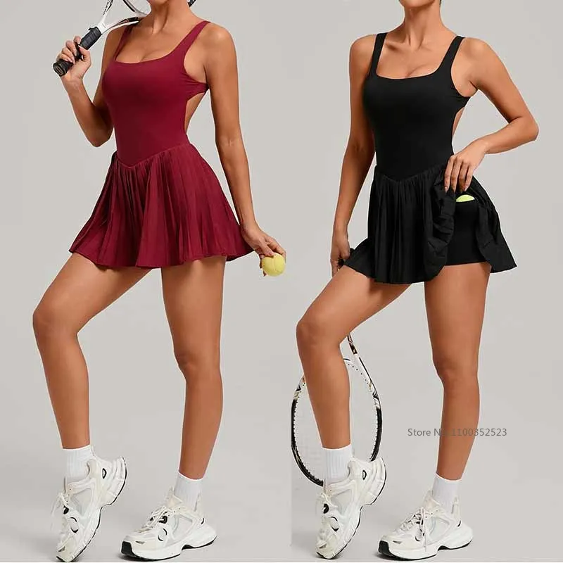 Gym Romper Women Sexy Backless Short Tennis Dress Bodysuit Sleeveless Pleated Workout Tennis Skirt Slim Pleated Yoga Dress