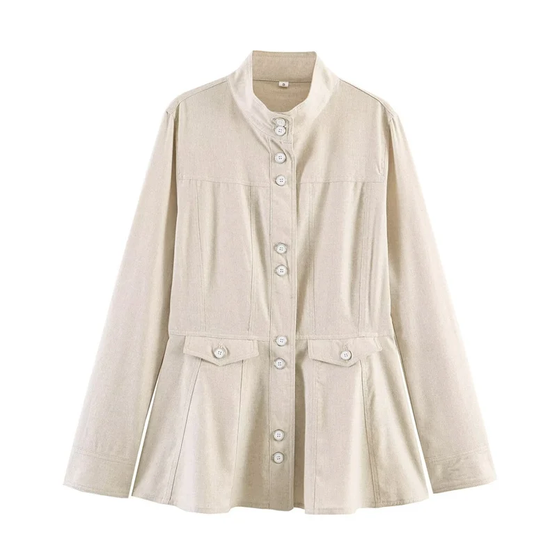 Beige Stand Collar Flared Hem Jacket Women Multi Button Pocket Long Sleeve Slim Fit Women Elegant Casual Coat Outerwear 260701