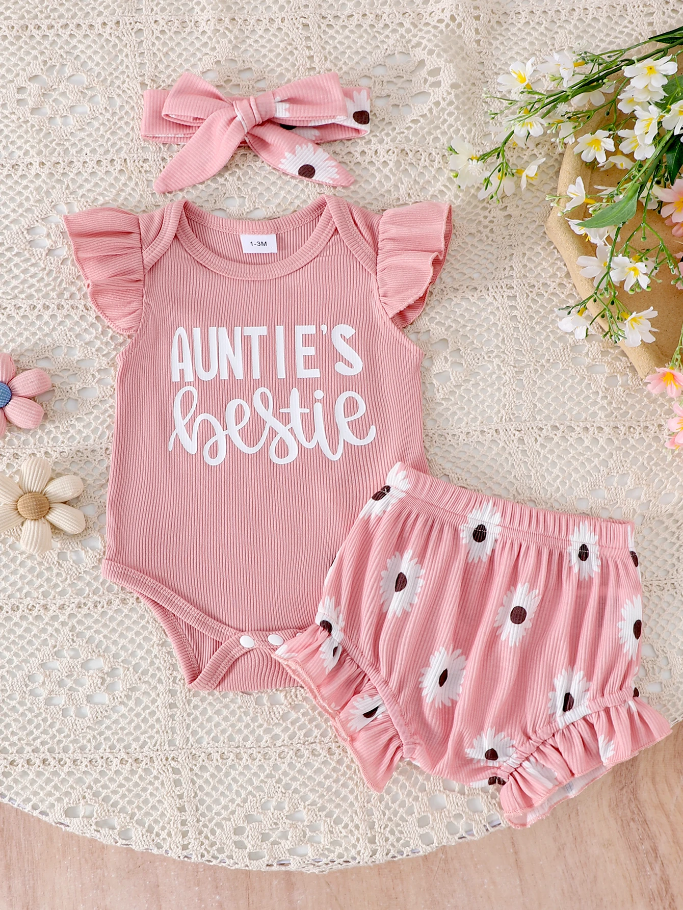 

3pcs Cross-Border Summer Girl 0-1 Years Old Sweet And Cute Letter Pattern Flying Sleeve Pink Sweater + Pants