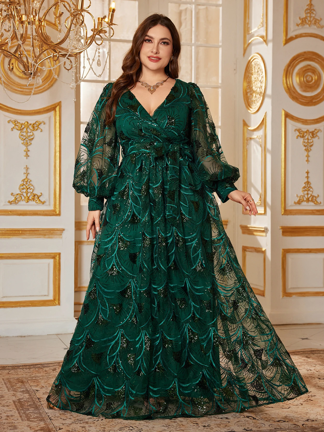 UNITHORSE حجم كبير المرأة العميق فانوس على شكل حرف v كم لامع الترتر Cinched محرك الخصر حتى فستان الحفلات المسائية الرسمية #5