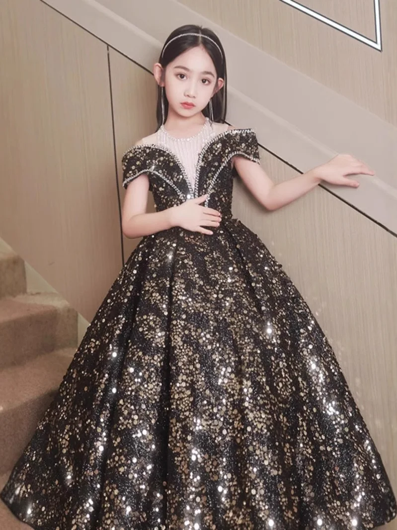 

Princ Dr iny Sequins Heavy Work Children's Formal Wear Host Piano Performance ow off Spring Summer New Arrival