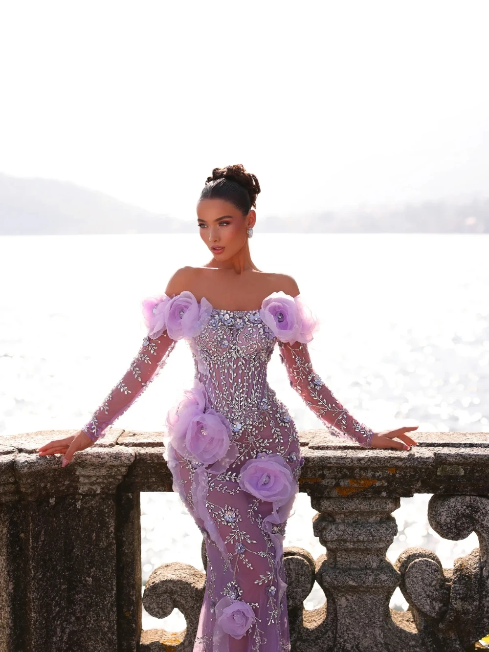 Paarse bloemen zichtbaar korset botten avondjurk unieke kristallen off-the-shoulder galajurk op maat gemaakte sexy zeemeerminjurken