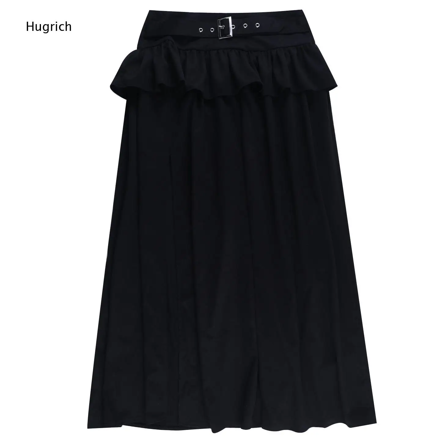 Women High Waist Midi Skirt Detachable Metal Buckle Waist Belt Ruffle Layer Waist Trim Side Split Loose Flowy Black Long Skirt