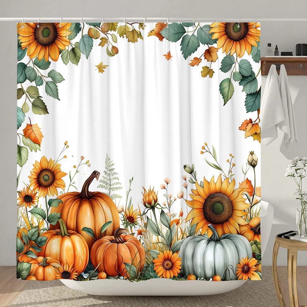 Autumn Farm Pumpkin Shower Curtain Thanksgiving Deep Woods Deer Rustic Highland Cow Sunflower Fabric Bath Curtain Bathroom Decor