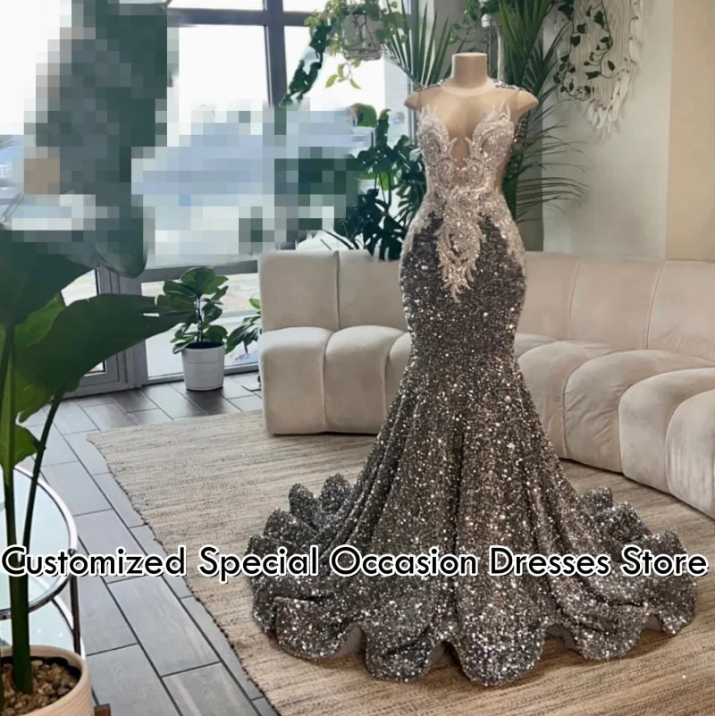

Elegant Prom Dresses 2026 O Neck Lace Applique Mermaid Sequins Party Dress For Black Girls African Evening Gowns Customized