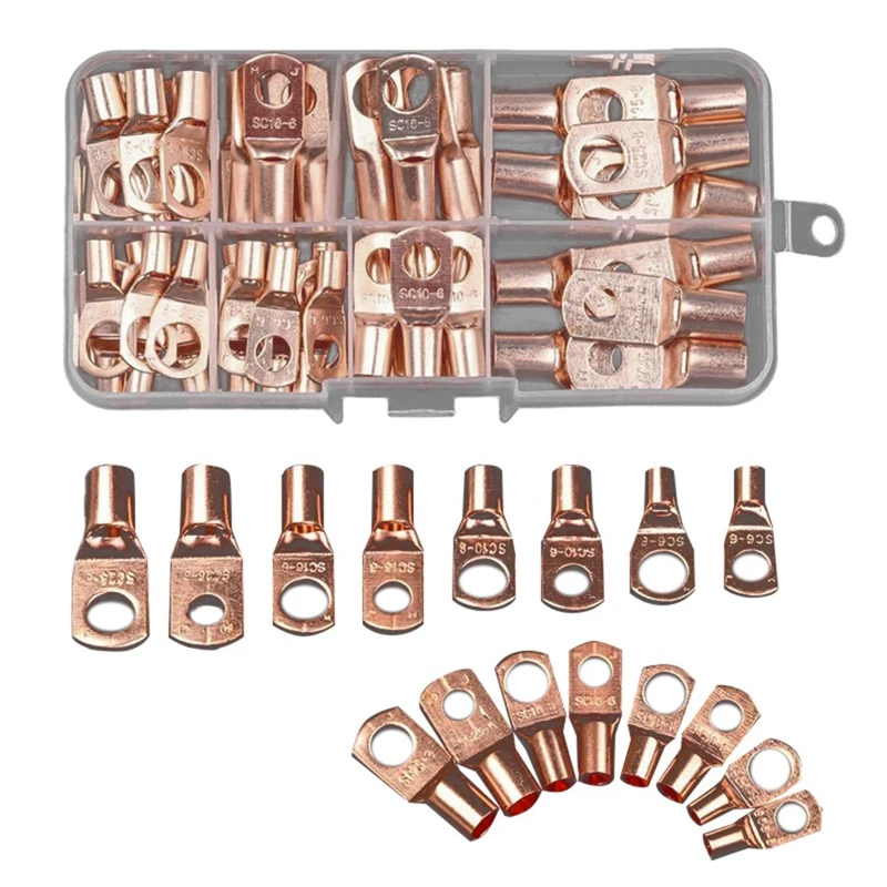 Hot 70Pcs Wire Lug Connector Ring SC6-25 Copper Connectors Bare Cable Electric Crimp Terminal Connector Kit