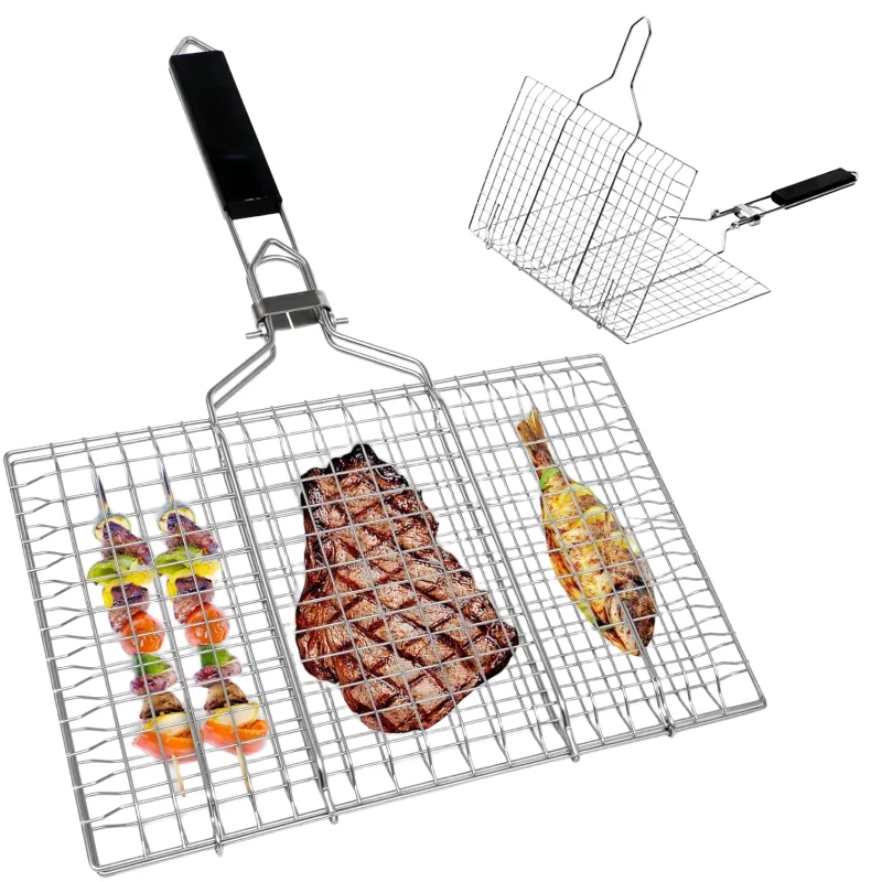 

Grill Basket Barbecue Stainless Steel Folding Grilling Accessories W/ Removable Handle Portable Net BBQ Tool for Outdoor Camping